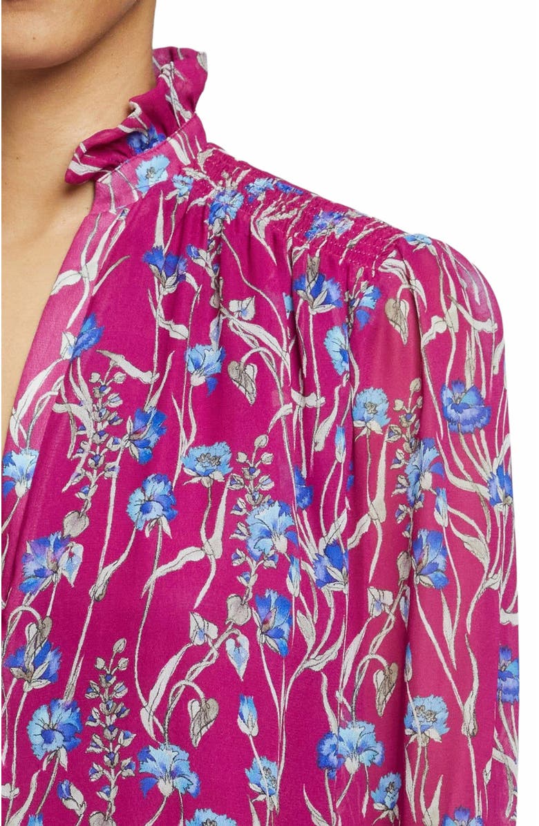 Santorelli CHELSEA Long Sleeve Ruffle Neck Blouse in Floral Printed Georgette, Alternate, color, Dark Magenta