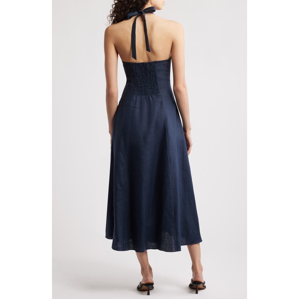 Faithfull The Brand Marais Halter Neck Linen Midi Dress In Navy