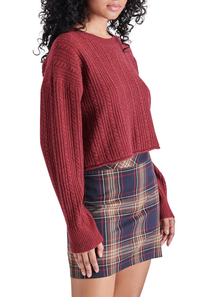 Aerin Cable Crew Sweater, Alternate, color, DARK RED