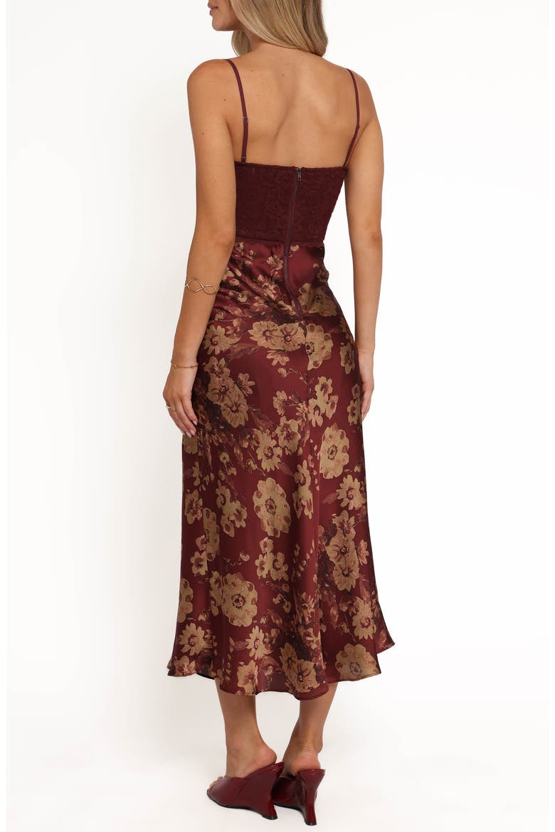 Shakira Mixed Media Floral Midi Dress, Alternate, color, BRONZED MERLOT
