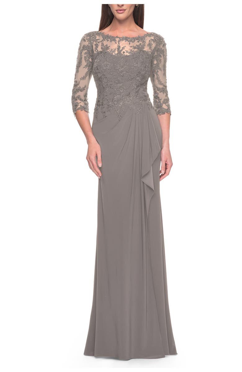 La Femme Long Evening Gown with Lace Illusion Sleeves and Neckline, Main, color, Platinum