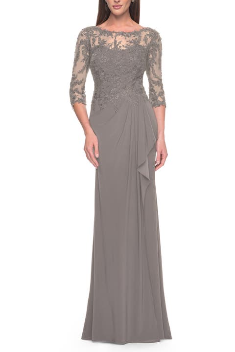 Long Evening Gown with Lace Illusion Sleeves and Neckline