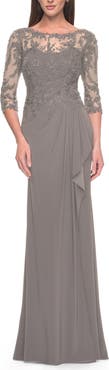 La Femme Long Evening Gown with Lace Illusion Sleeves and Neckline