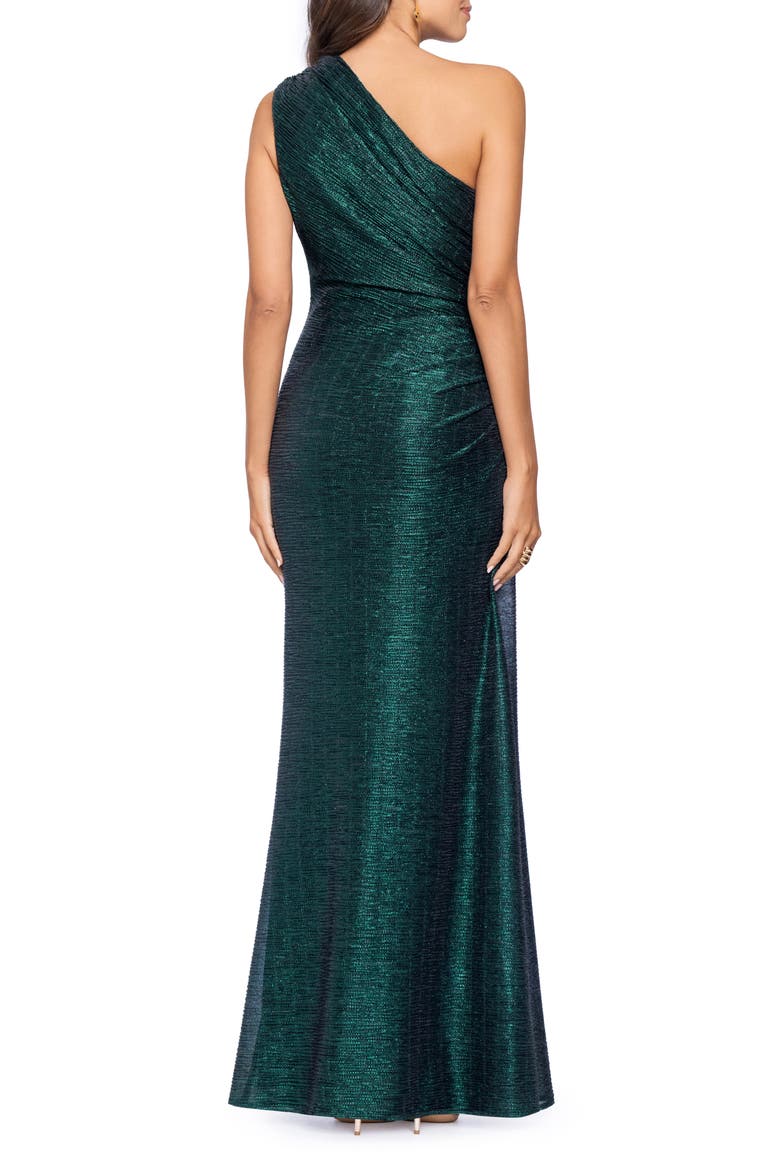 Texture Metallic One-Shoulder Gown, Alternate, color, BLACK/ EMERALD