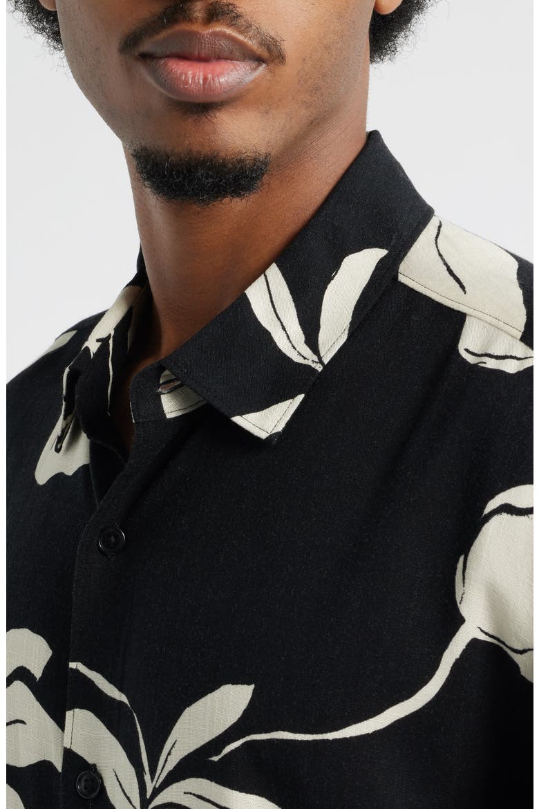 Slub Rayon Short Sleeve Button-Up Resort Shirt, Alternate, color, BLACK- IVORY LEAFY MODERN