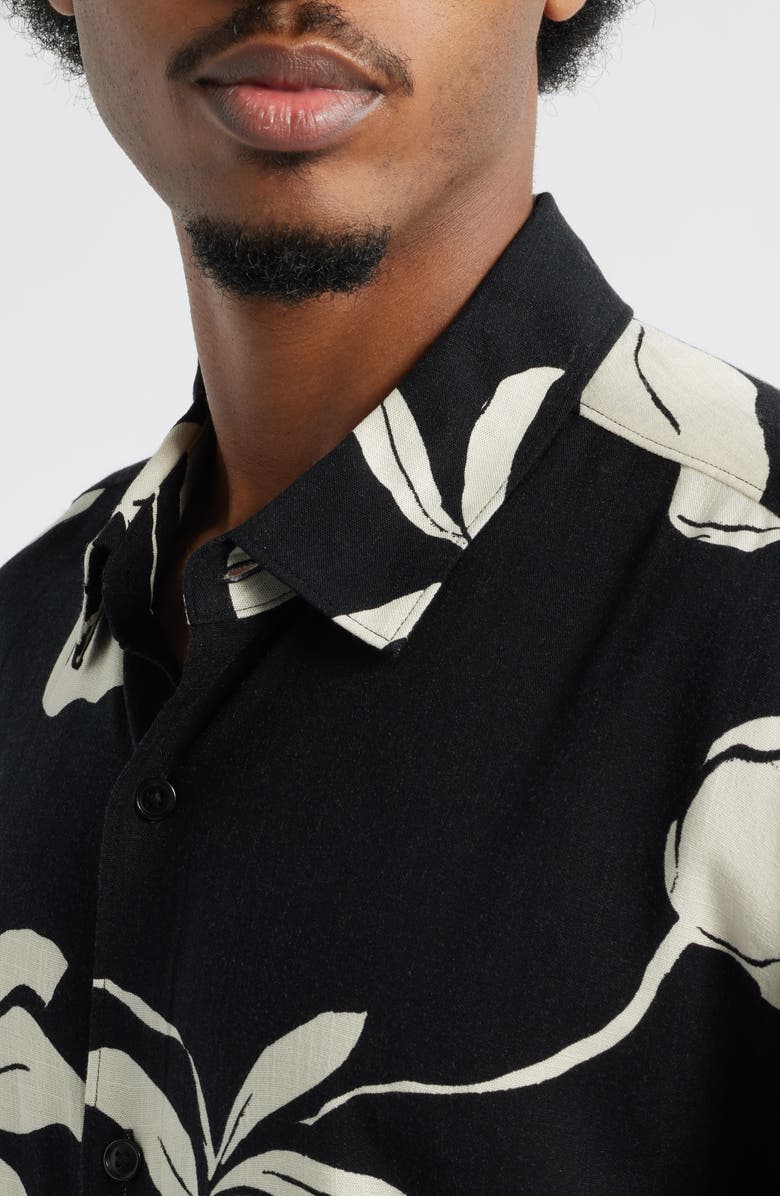Open Edit Slub Rayon Short Sleeve Button-Up Resort Shirt, Alternate, color, Black- Ivory Leafy Modern