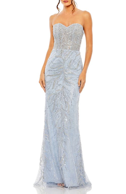 Mac Duggal Strapless Embellished Sequin Column Gown In Powder Blue