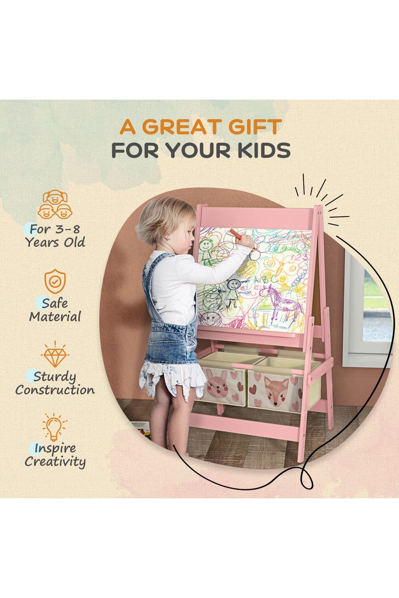 Kids 3-in-1 Art Easel with Paper Roll, Blackboard, Whiteboard, Storage Baskets​, Alternate, color, Pink