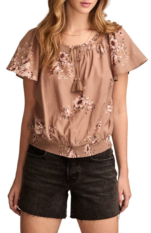 Lucky Brand Floral Flutter Sleeve Cotton Blend Top In Taupe Floral