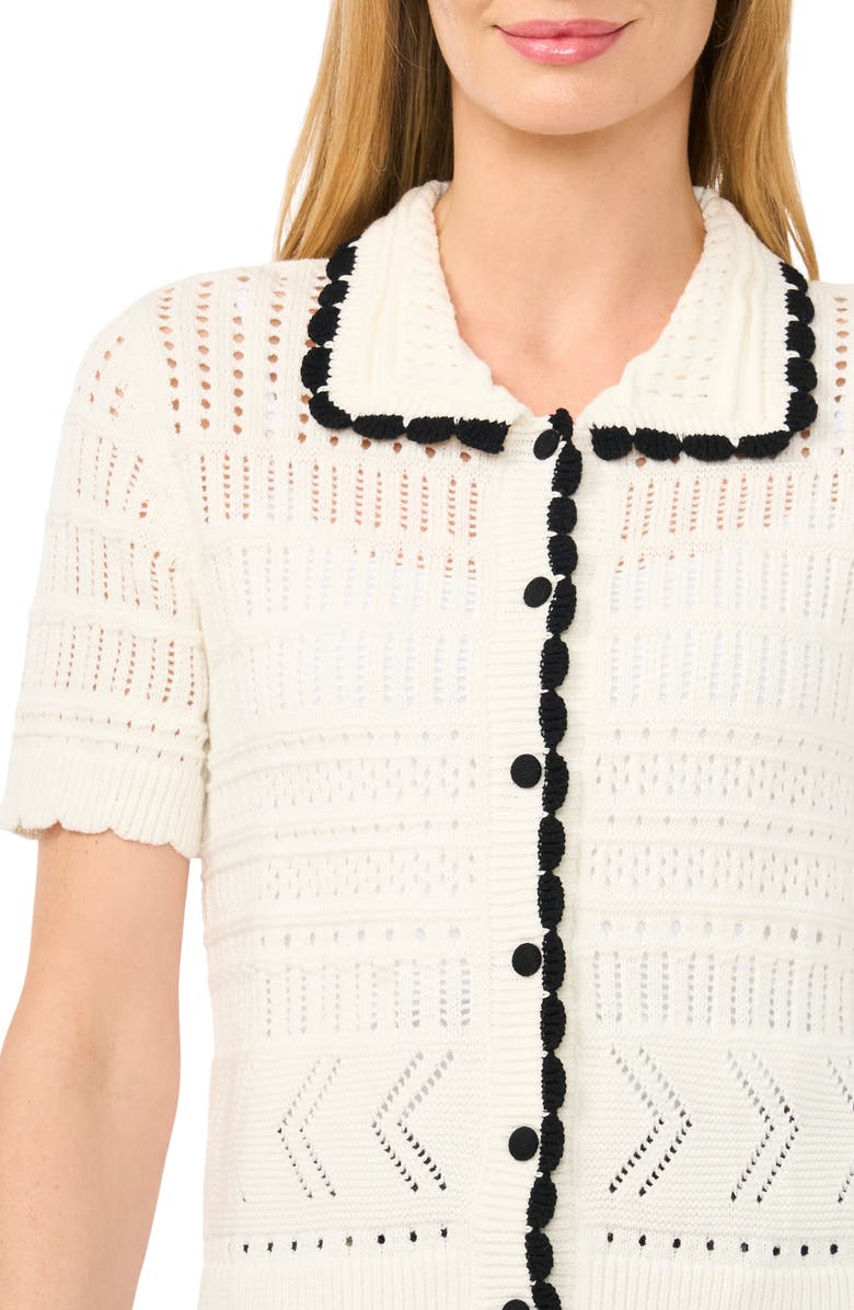 CeCe Pointelle Knit Cotton Button Front Sweater, Alternate, color, Antique White
