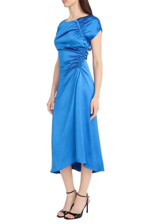 Maggy London Cap Sleeve Ruched Satin Cocktail Dress In Blue