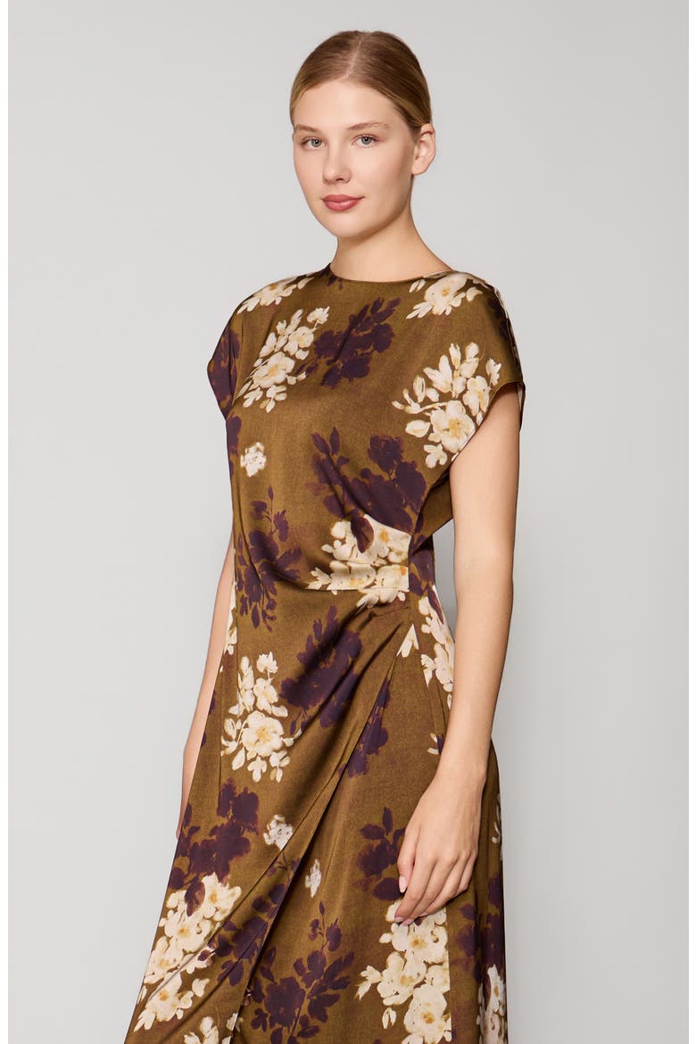 Cap Sleeve Satin Midi Dress, Alternate, color, CUMIN MULTI