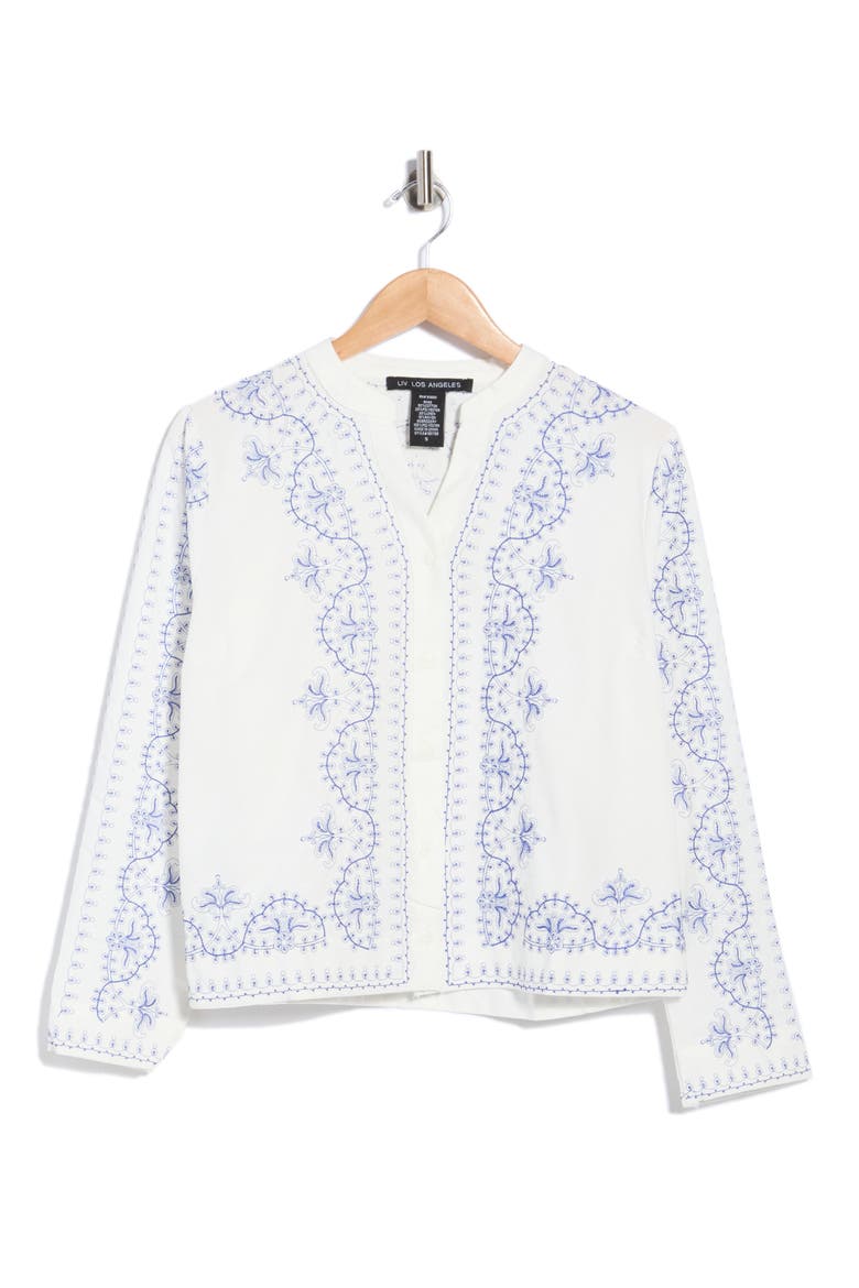 Embroidered Button Up Cotton & Linen Top, Alternate, color, WHITE