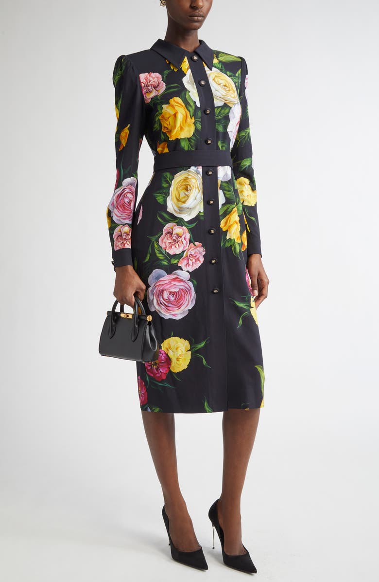 Dolce&Gabbana Rose & Peony Floral Long Sleeve Stretch Cady Shirtdress, Main, color,