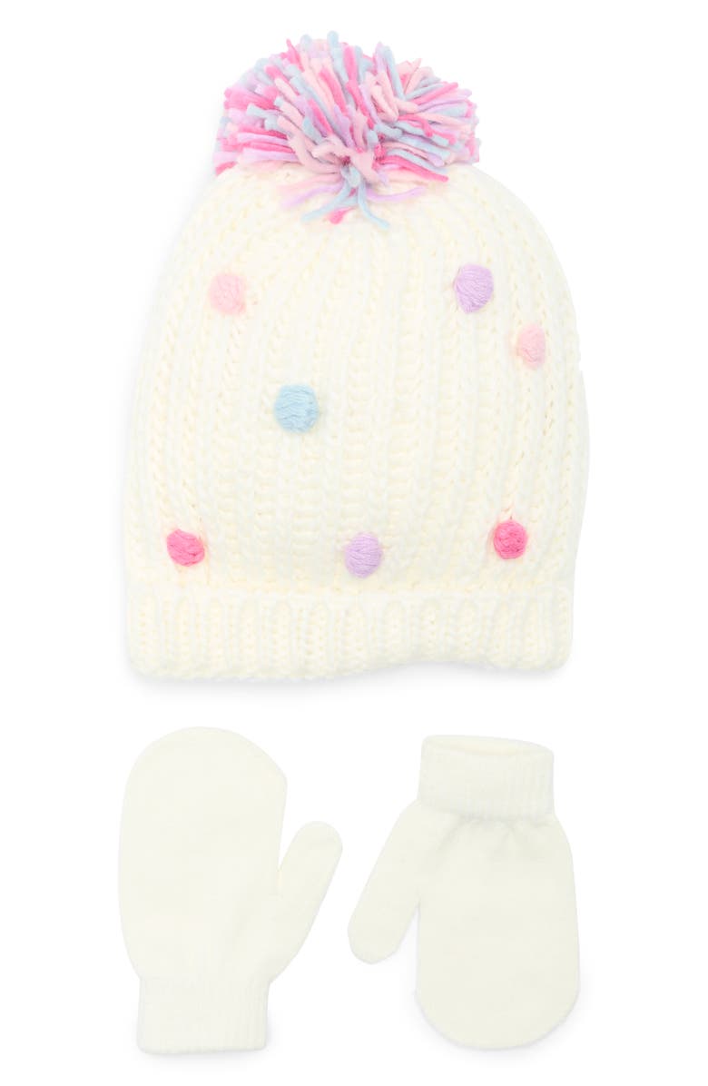Capelli New York Pompom Knit Cap & Mittens Set, Main, color, Pale Multi