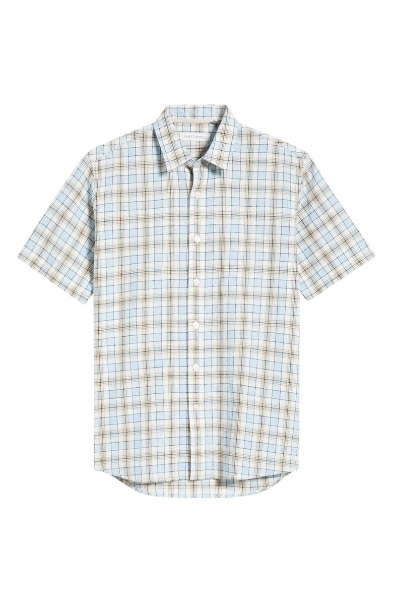James Campbell Serra Regular Fit Plaid Short Sleeve Cotton & Linen Sport Shirt, Alternate, color, Sky