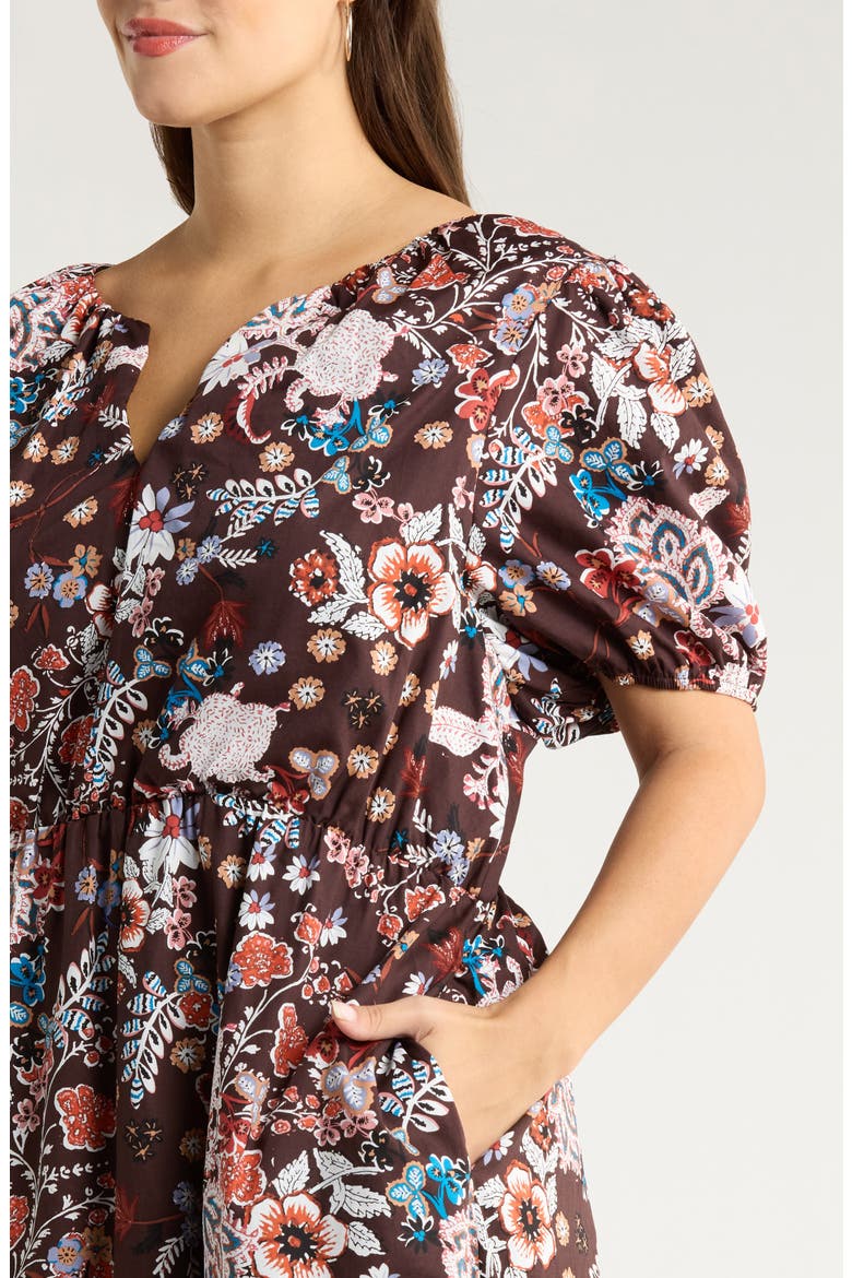 Journee Floral Print Puff Sleeve Maxi Dress, Alternate, color, BROWN