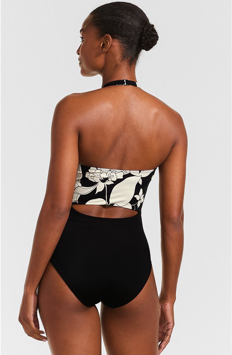 Lands' End Tugless Halter Monokini High Leg One Piece Swimsuit, Alternate, color, Black/Egret Lilies