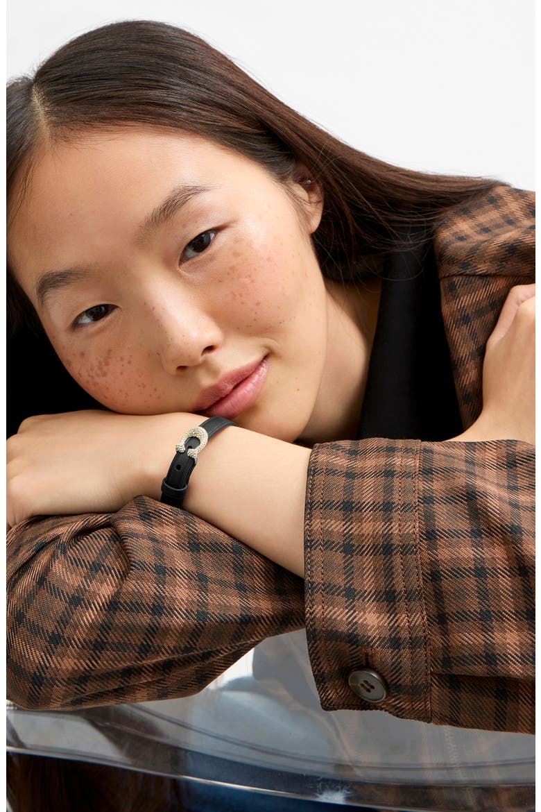 Pavé C Buckle Leather Bracelet, Alternate, color, BLACK