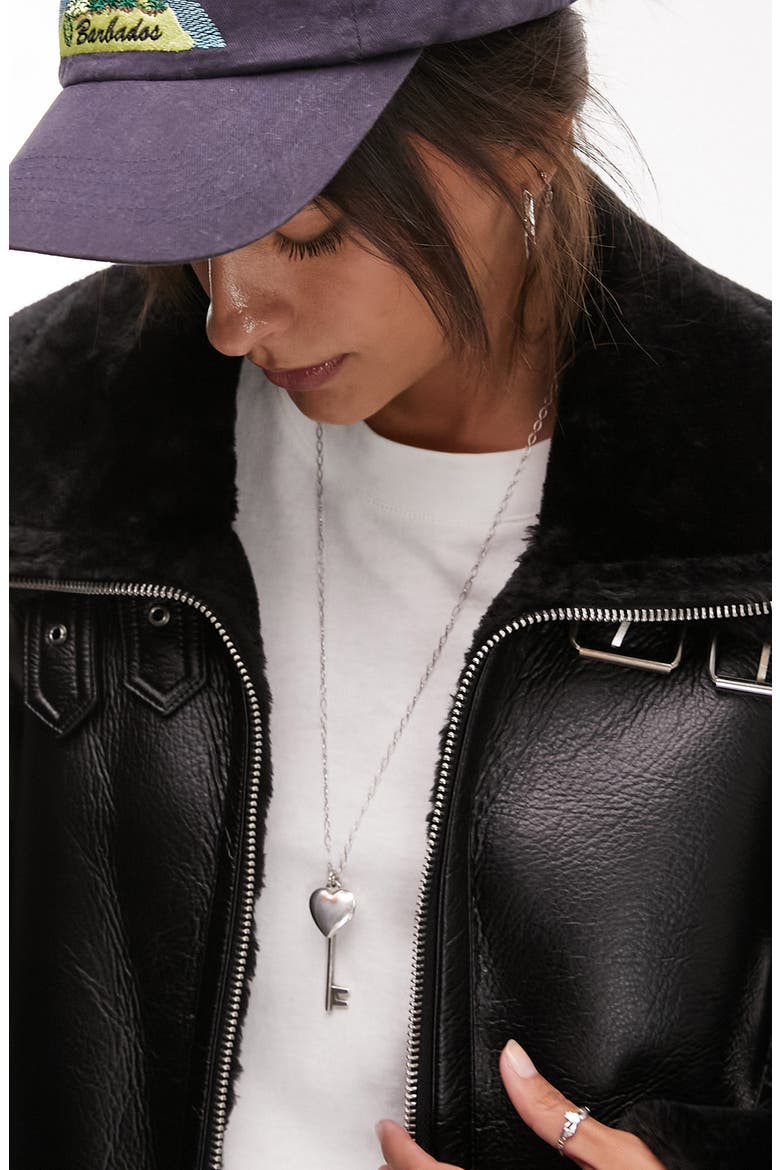 Faux Leather Aviator Jacket with Faux Fur Trim, Alternate, color, BLACK