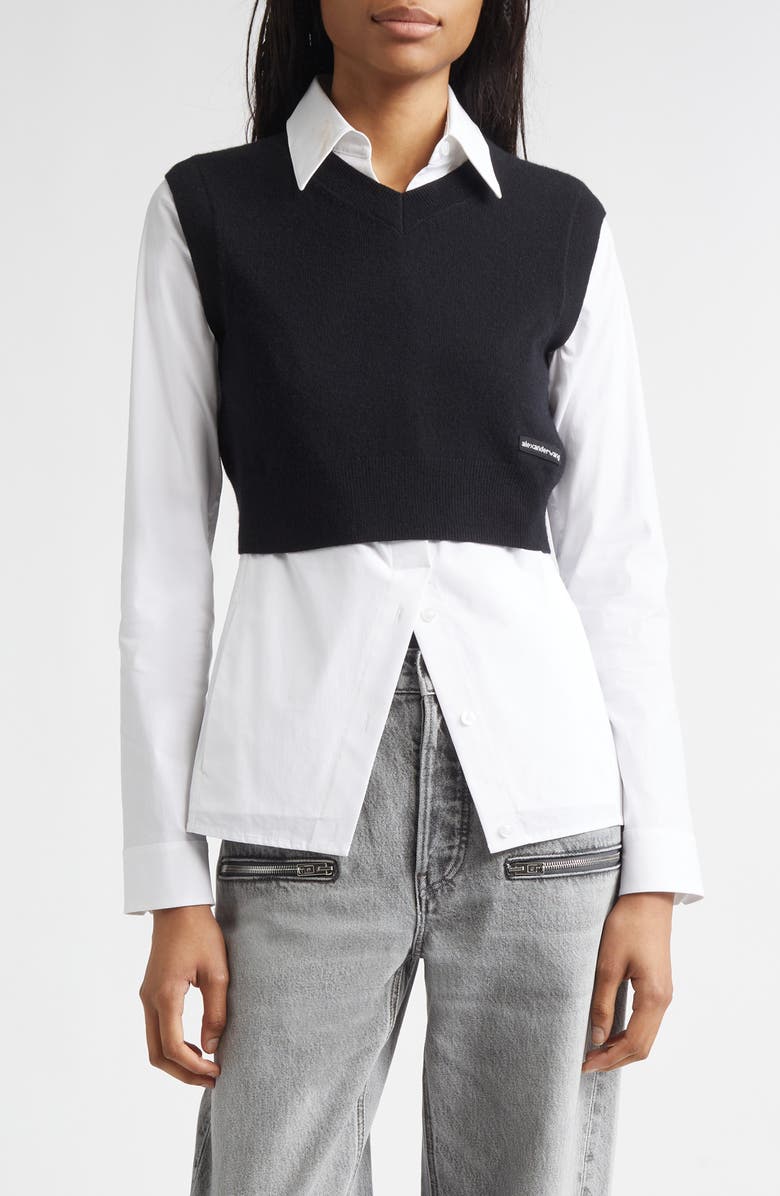 Alexander Wang Stretch Cotton Shirt & Wool Blend Sweater Vest, Main, color, Black/ White