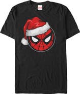Marvel: Spider-Man Men's Masked Hero Santa Hat Icon Short Sleeve Graphic T-Shirt