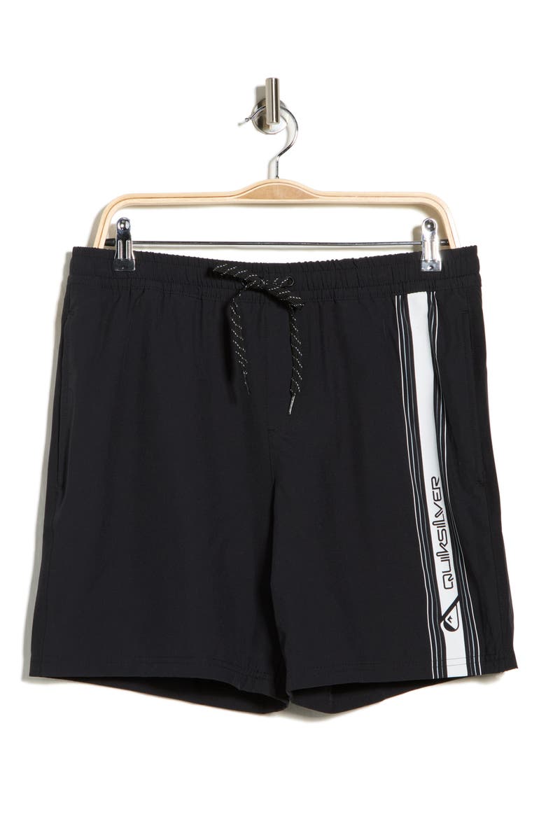 Trade Logo Stripe Volley Swim Shorts, Alternate, color, BLACK