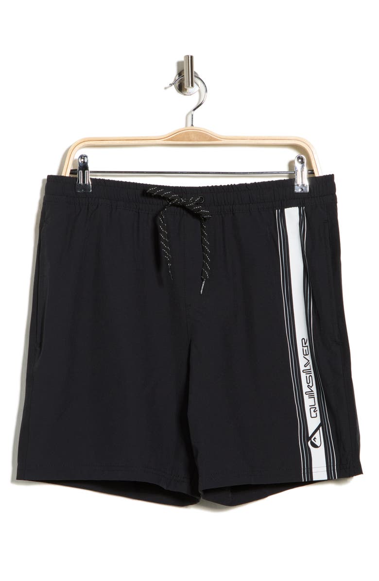 Quiksilver Trade Logo Stripe Volley Swim Shorts, Main, color, Black