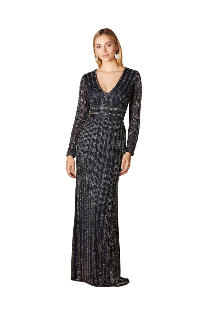 Long Sleeve Belted Beaded Gown, Main, color, Navy