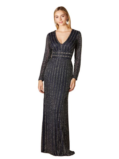 Long Sleeve Belted Beaded Gown