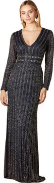 LARA New York Long Sleeve Belted Beaded Gown