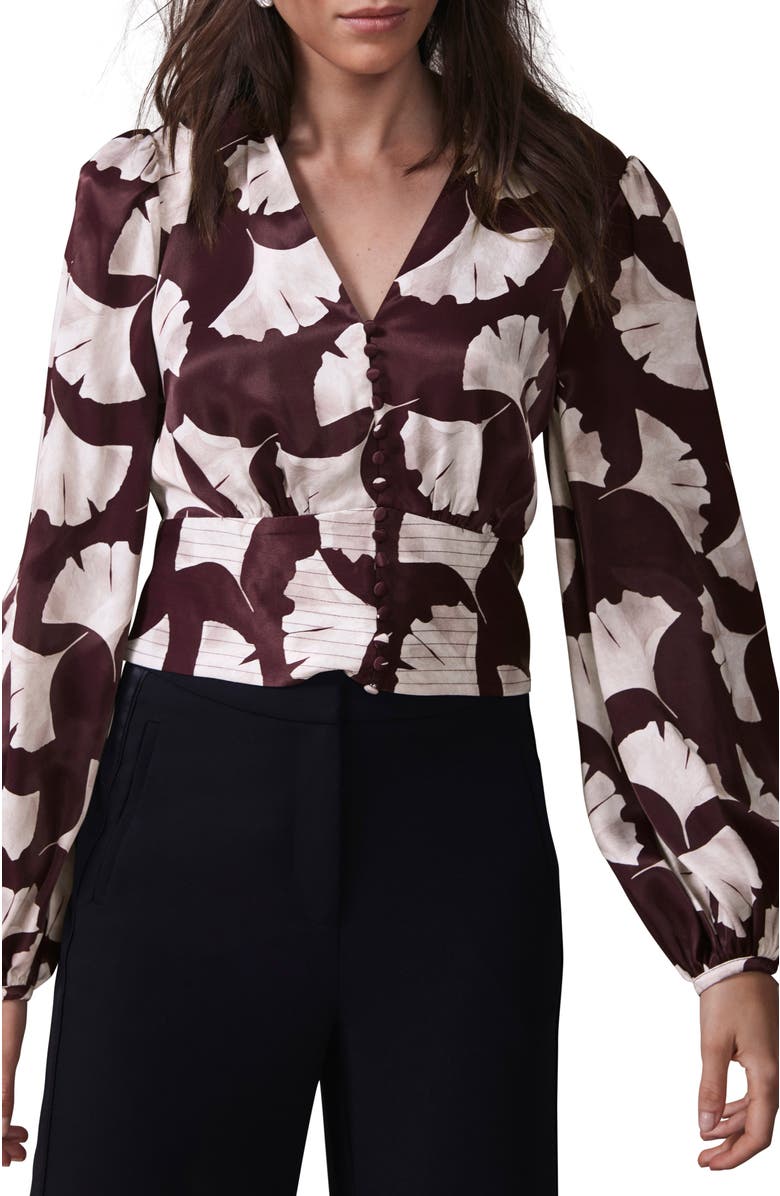 MINT VELVET Leaf Print Top, Main, color, Burgundy