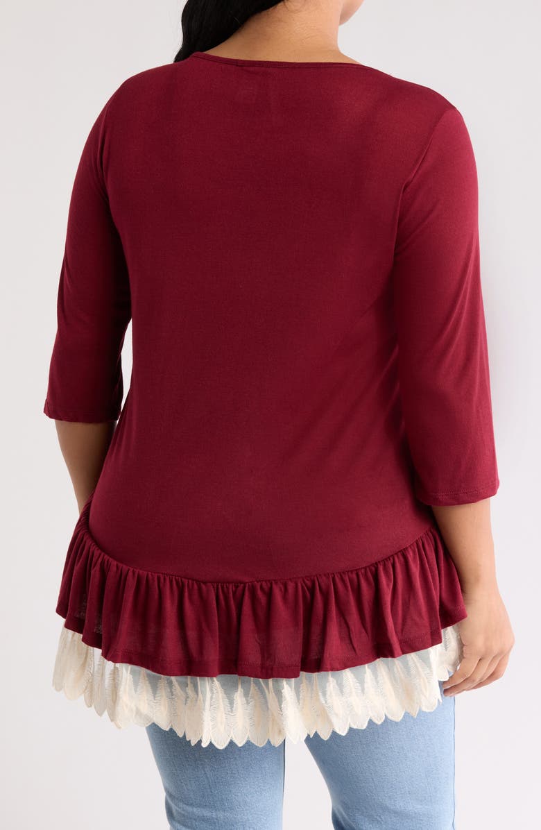 Forgotten Grace Three-Quarter Sleeve Crochet Peplum Top, Alternate, color, Burgundy