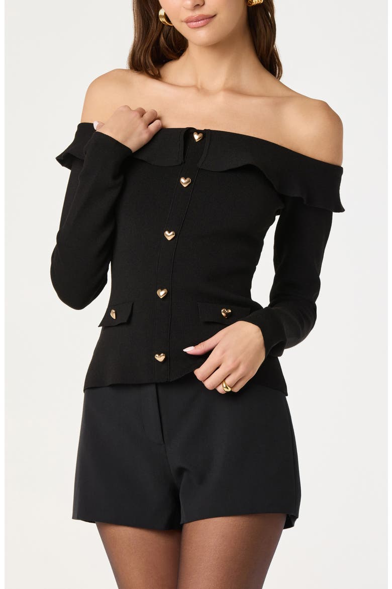 Heart Button Off the Shoulder Sweater, Alternate, color, BLACK