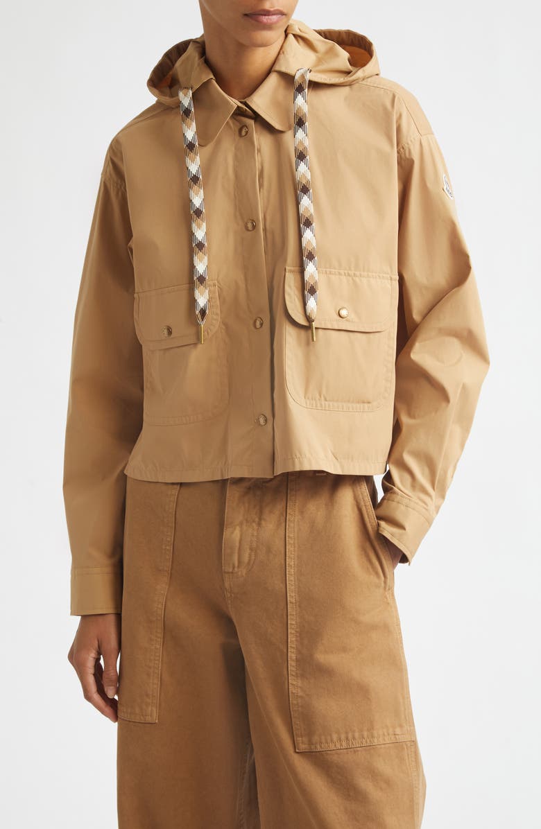 Moncler Hooded Cotton & Nylon Shirt Jacket, Main, color, Beige