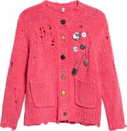 R13 Button Detail Ripped Cotton Cardigan