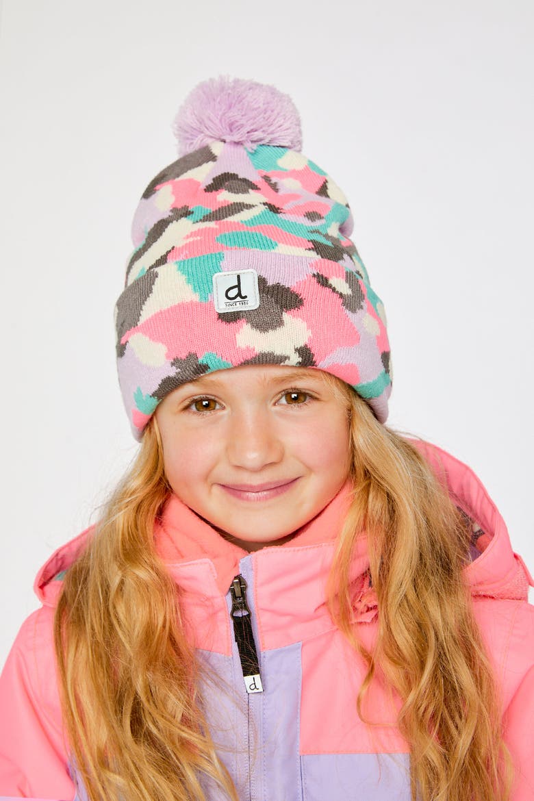 Winter Jacquard Lined Pompom Knit Hat, Alternate, color, Coral Camouflage