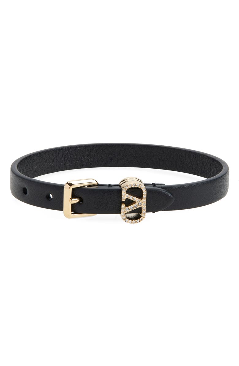 Valentino Garavani Pavé VLOGO Leather Bracelet, Main, color, Nero/ Crystal