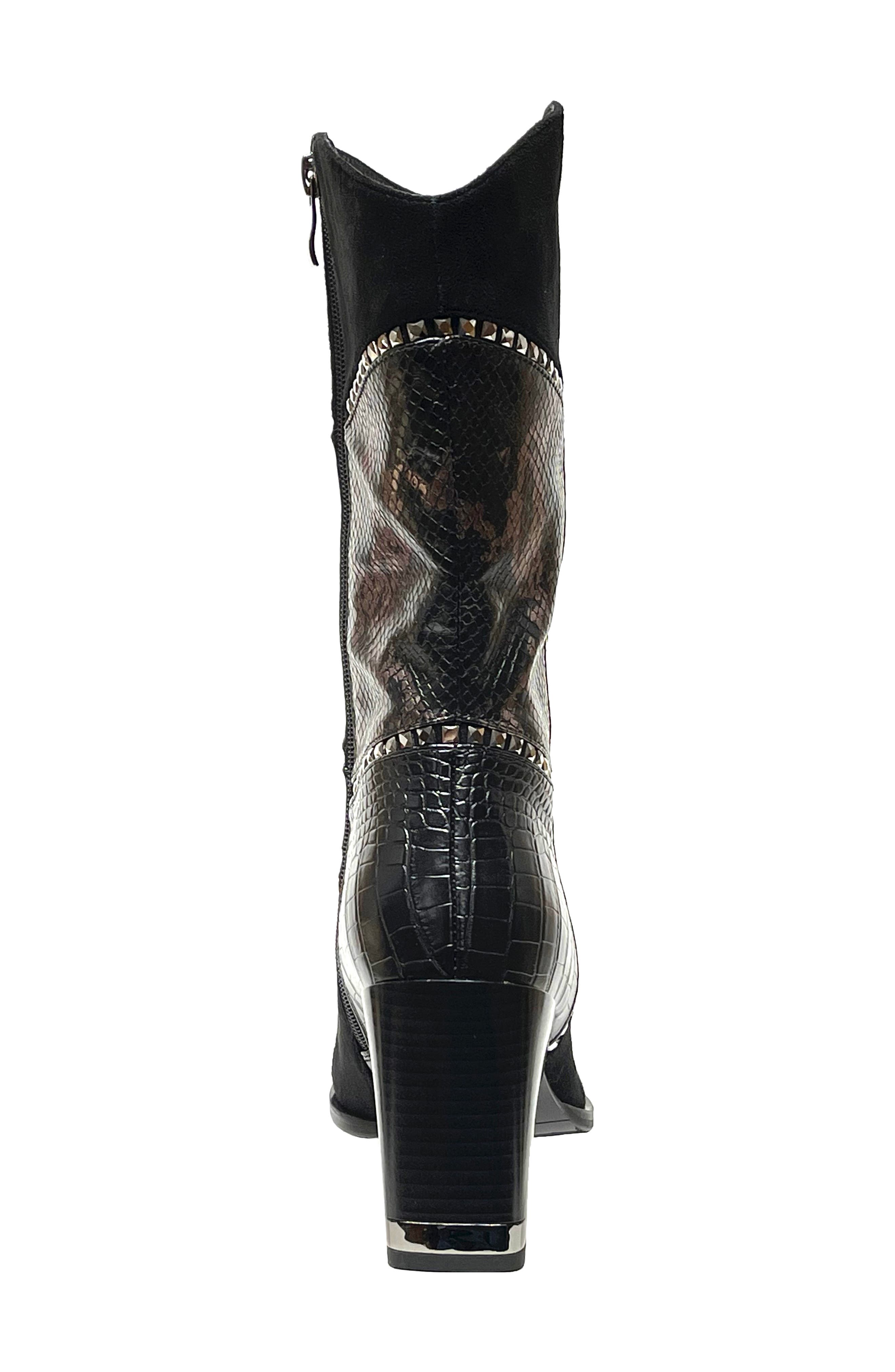 NINETY UNION Art Patchwork Studded Snake Embossed Boot, Alternate, color, Black