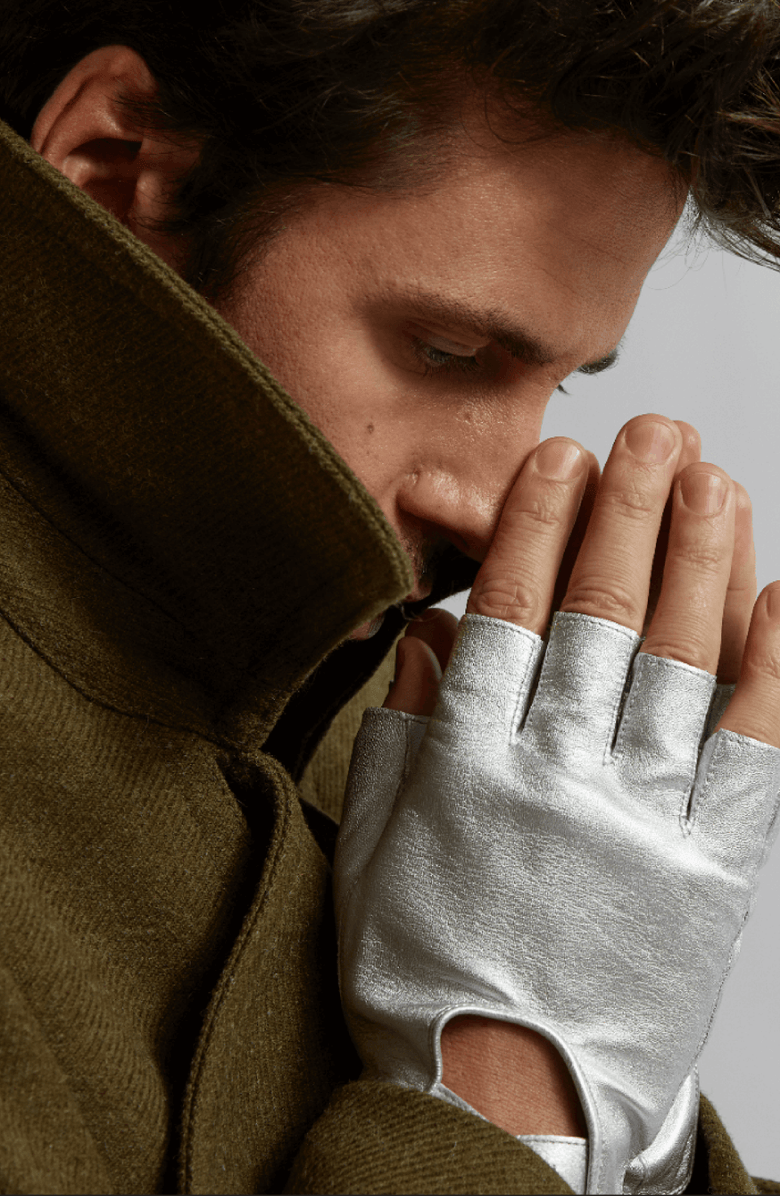 Seymoure Luxury Group Fingerless Italian Leather Driving Gloves, Alternate, color, Silver