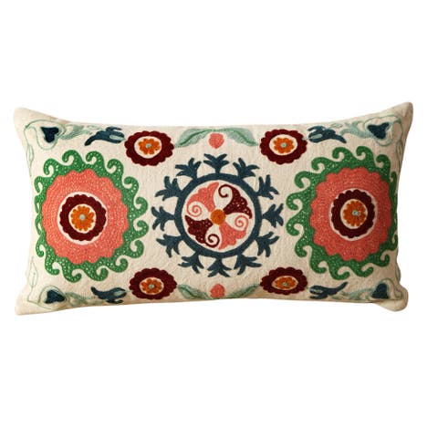 Suzani Embroidered Multicolor Lumbar Throw Pillow