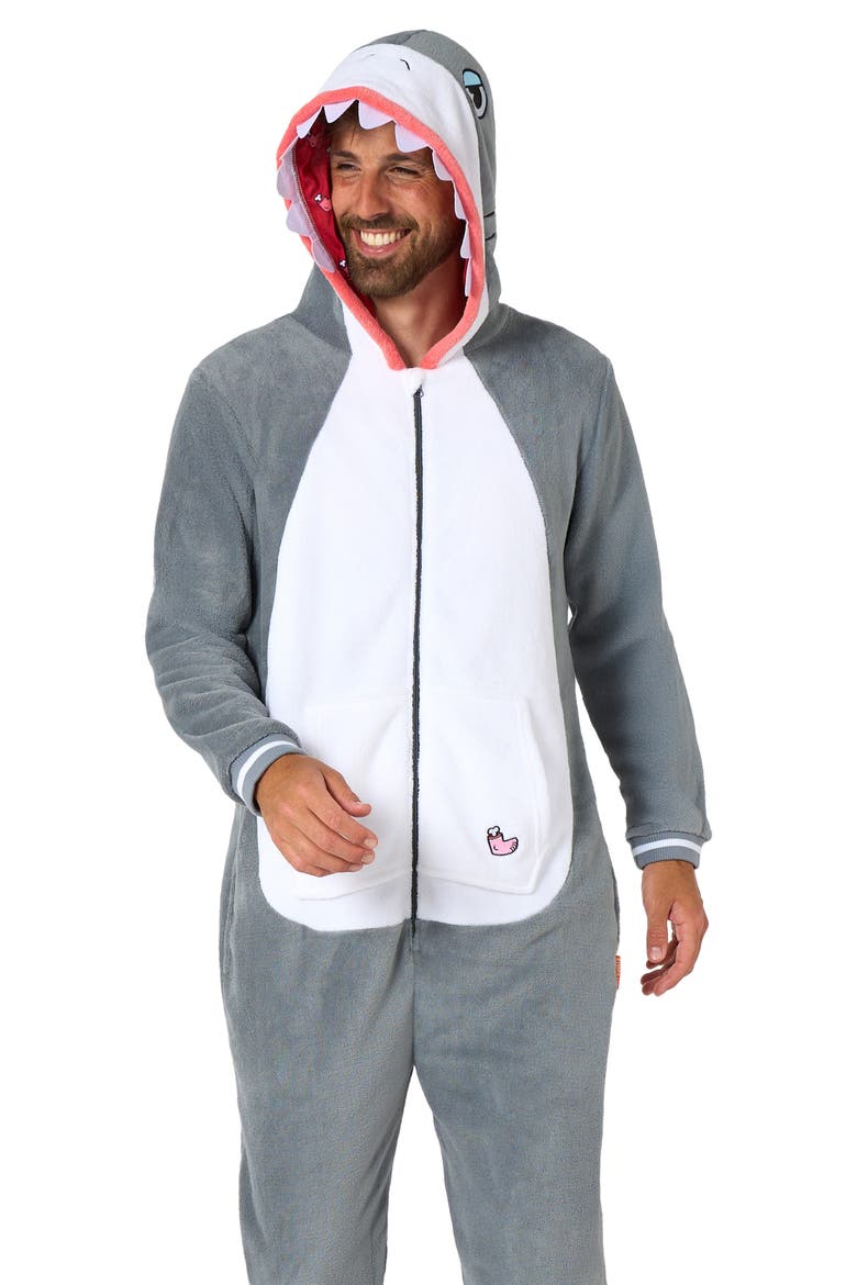 Shark Hooded Fleece Costume Jumpsuit, Alternate, color, GREY