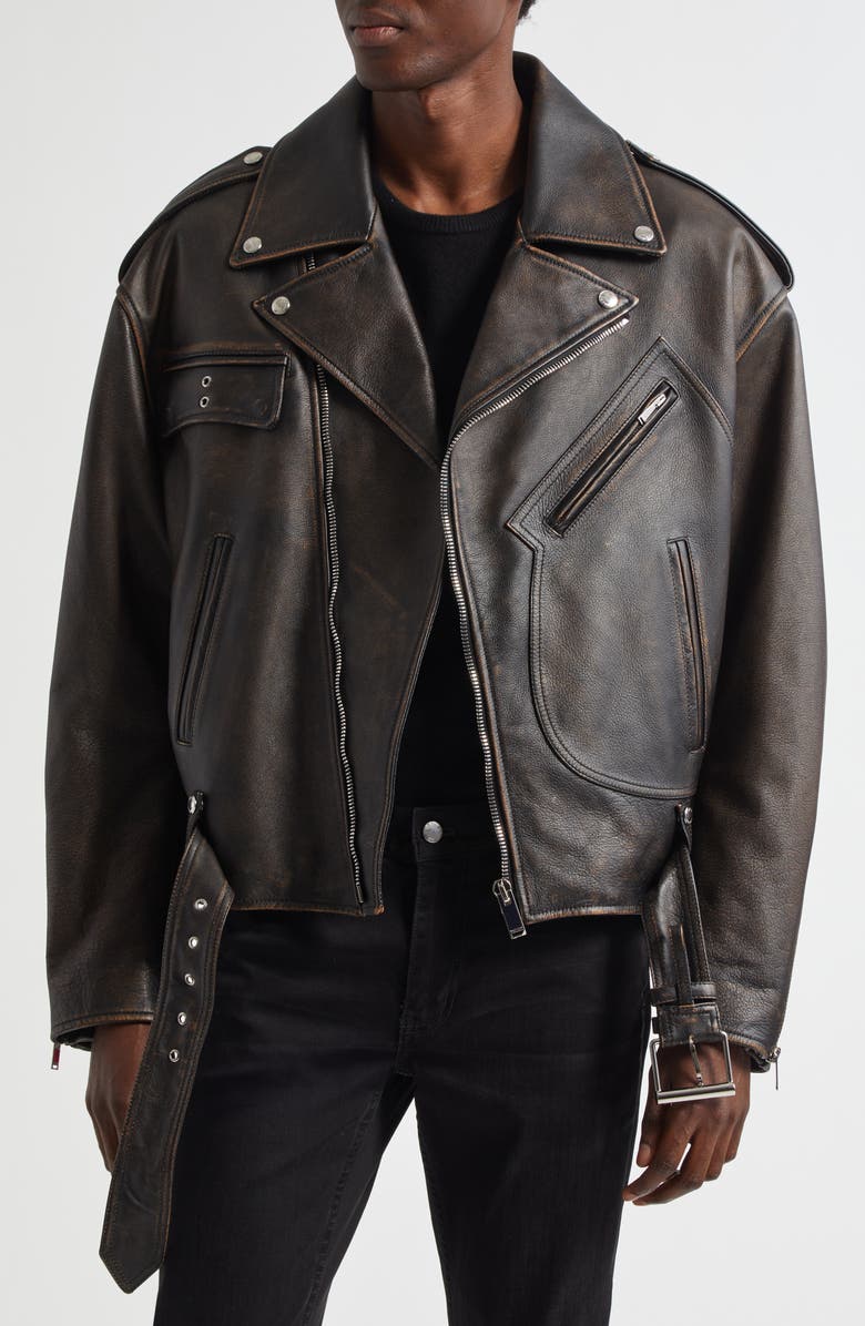 McQueen Antiqued Leather Biker Jacket, Main, color, Dark Brown/ Tan