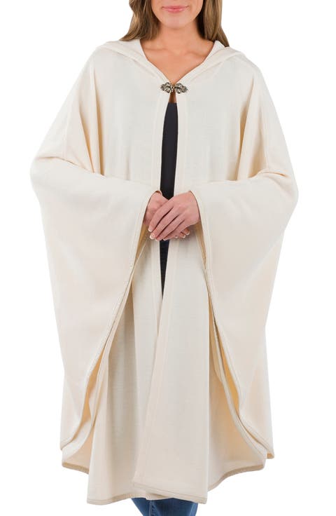 Hooded Faux Leather Trim Cable Knit Cape