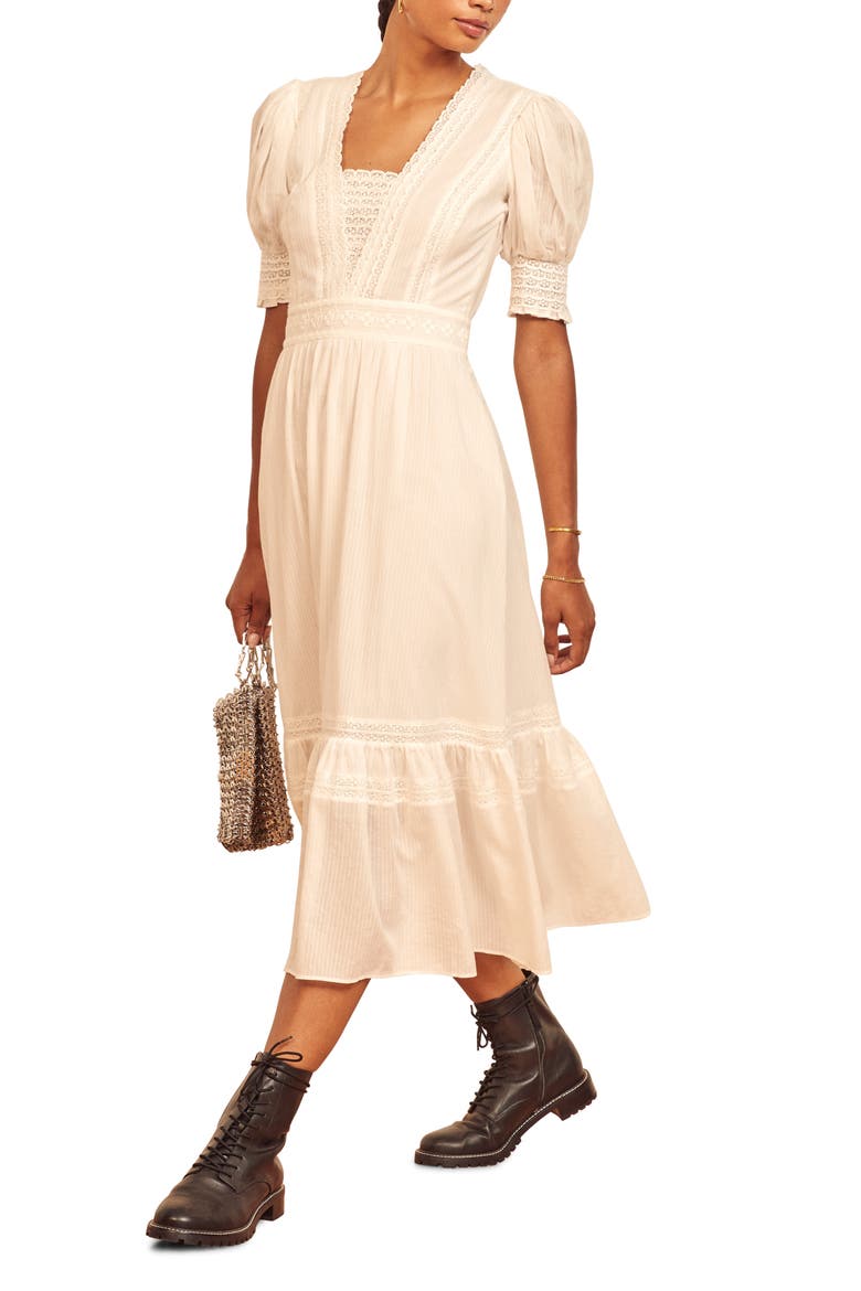 Betsie Lace Detail Organic Cotton Midi Dress, Main, color, IVORY