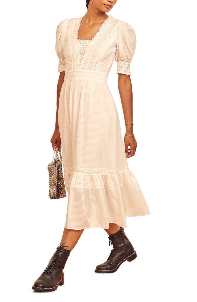 Reformation Betsie Lace Detail Organic Cotton Midi Dress, Main, color, 