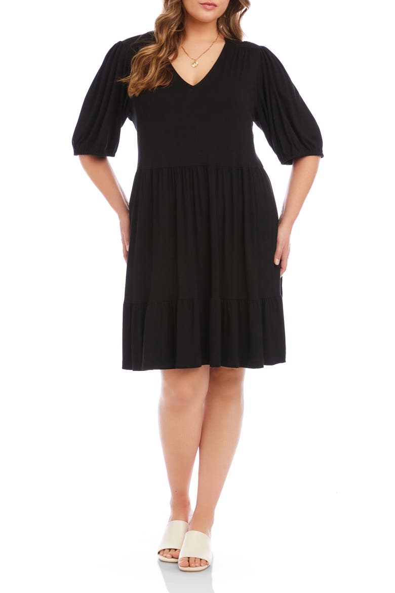 Puff Sleeve Tiered Dress, Main, color, BLACK