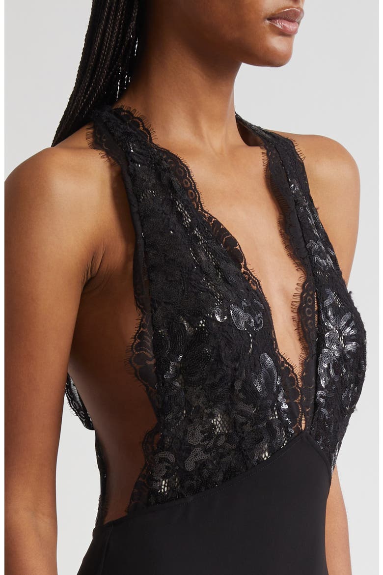 Chantal Plunge Neck Mixed Media Gown, Alternate, color, BLACK COMBO