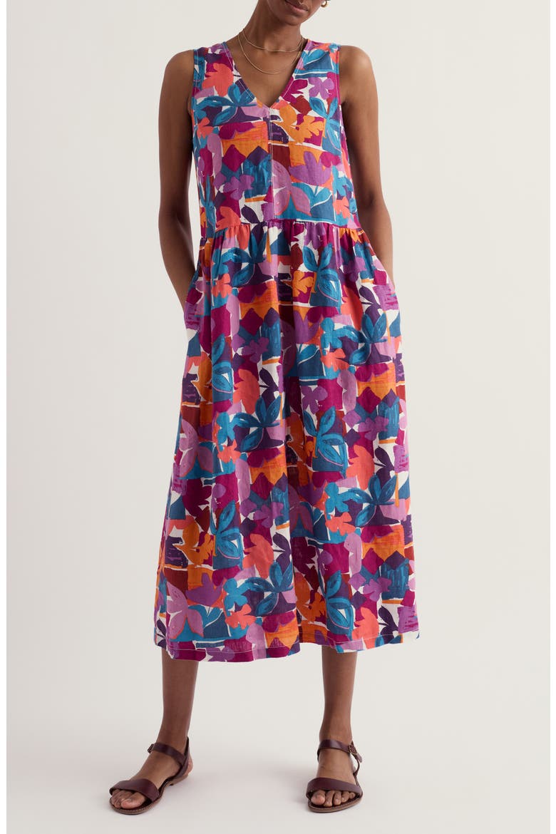 Lowland Heather Floral Linen Midi Dress, Main, color, FLORAL TROPIC SHAPES CHALK