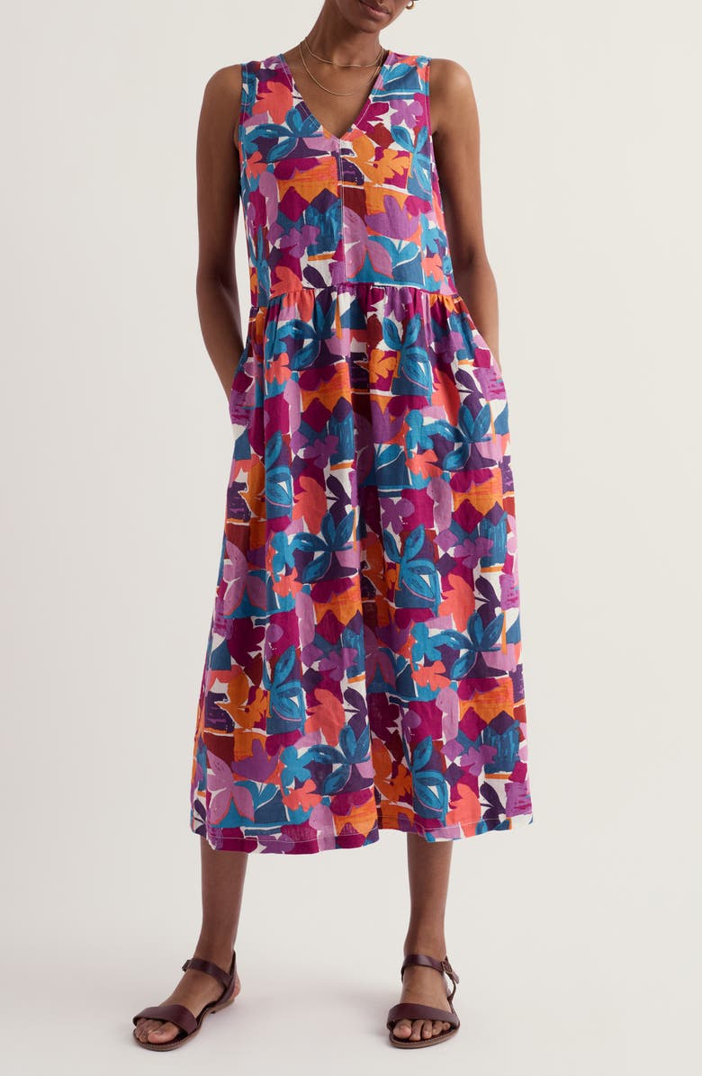 Seasalt Cornwall Lowland Heather Floral Linen Midi Dress, Main, color, Floral Tropic Shapes Chalk